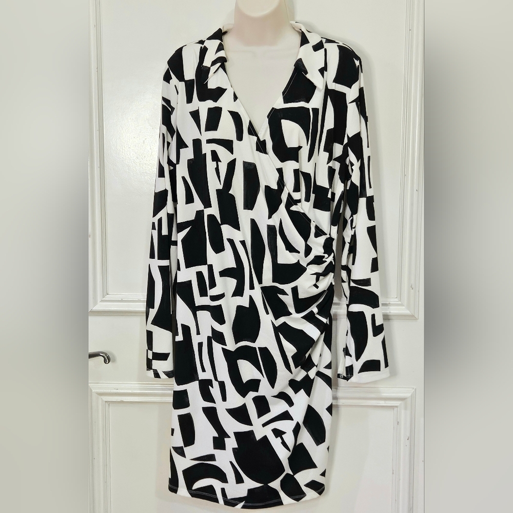 H&M Black & White Monochrome Pattern Faux Wrap Long Sleeve Dress,X-Large